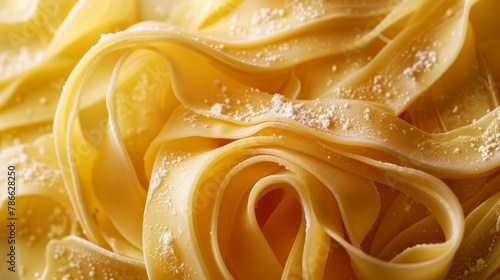 Close-up of fettuccine pasta ribbons with a dusting of parmesan cheese. Macro shot of Italian cuisine concept.