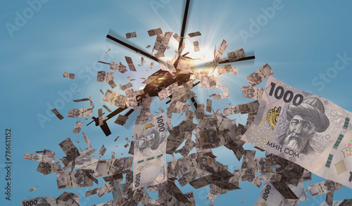 Kyrgyzstan som KGS 1000 banknotes helicopter money dropping 3d illustration
