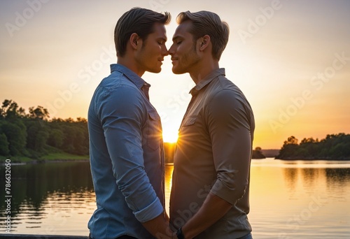 Standing gay men couple in bright colours 