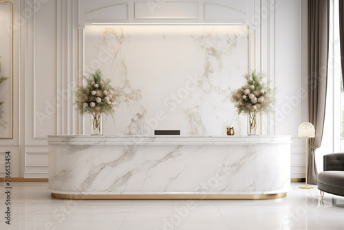 Contemporary Reception Counter Design. Stylish and Functional Lobby Area with Modern Interior in White and Wood
