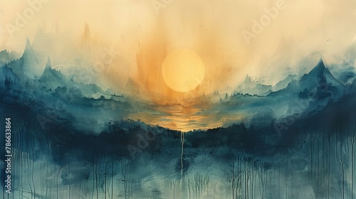 Sunrise hues gracefully blanket mountain silhouettes in watercolor