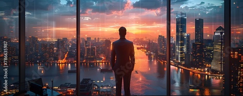 Ambitious Male Manager Surveying Dusk Cityscape from High-Rise Office