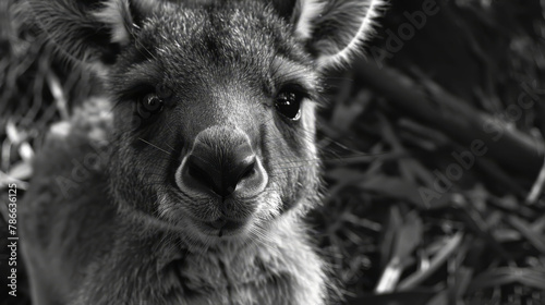  A monochrome image of a kangaroo gazing at the camera with an expression of astonishment, its nostrils visibly flared