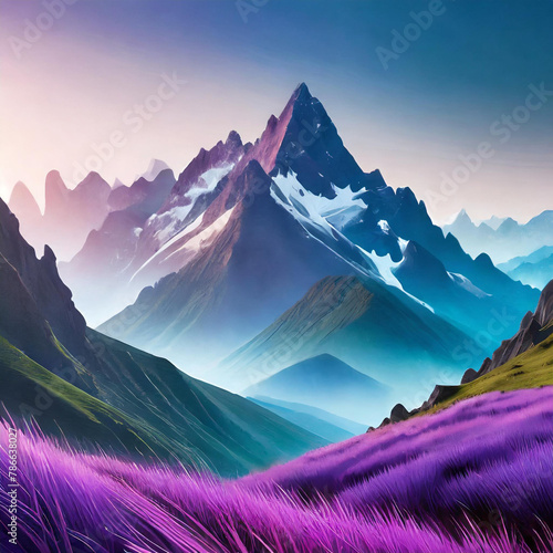 3D mountain range with purple and blue grass