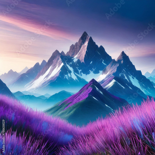 3D mountain range with purple and blue grass
