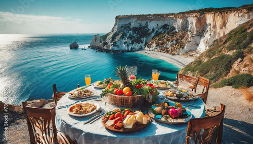 a table with a lot of food on it near the water and a cliff side with a blue ocean in the background and a blue sky