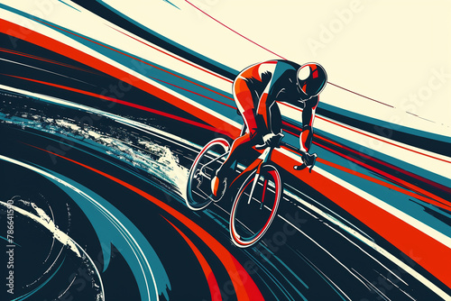 illustration of a cyclist racing along a sleek, winding track, with bold lines and vibrant colours representing speed and intensity.