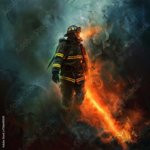 A Firefighter's Brave Advance Through Dark Smoke Illuminated by a Beam of Light