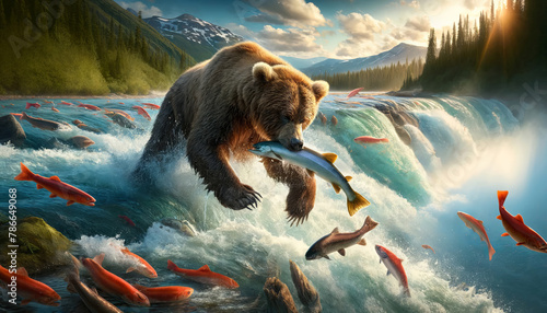 Majestic brown bear catching salmon in a vibrant, rushing river in a mountainous landscape, depicting wildlife and nature conservation concepts