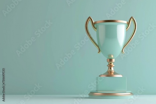 Golden trophy, concept of achievement, prize and victory, light green background.