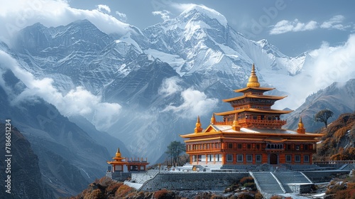 Breathtaking view of a traditional wooden pagoda in mountainous landscape with misty clouds