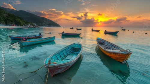 Colorful fishing boats anchored in a tranquil bay with rocky cliffs and clear blue waters