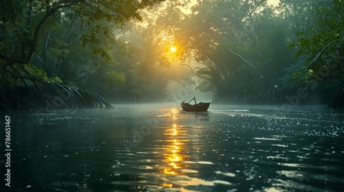 Serene river delta at sunrise with lush mangrove forests and golden rays of light
