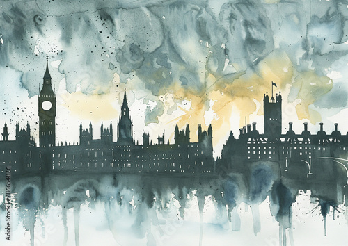 Traditional skyline painting of London city, in muted greys and blues, showing iconic landmarks, Westminster Tower including Big Ben, the Thames river, and a warm sunrise