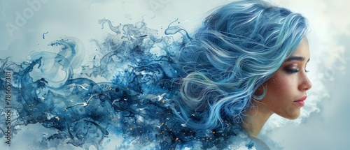 The image of mermaid with blue hair and seagulls is suitable for art design purposes.