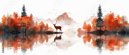 Nordic art picture of deer in autumn landscape, Scandinavian poster for wallpaper, print, and interior design