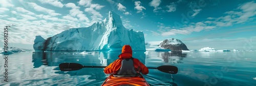 Kayaker on glacial lake with icebergs. Greenland landscape, Arctic exploration. Active travel lifestyle concept. Winter tourism, adventure, vacation freedom. Panoramic view