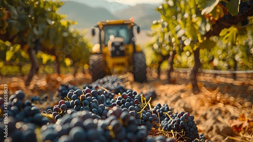Modern harvester working behind a cluster of ripe grapes in a vineyard during sunset