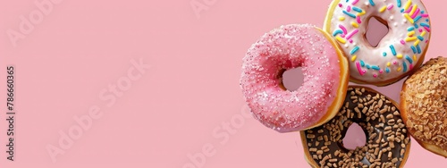 Three Delicious Donuts Arranged on a Pastel Pink Background for Sweet Dessert Concept