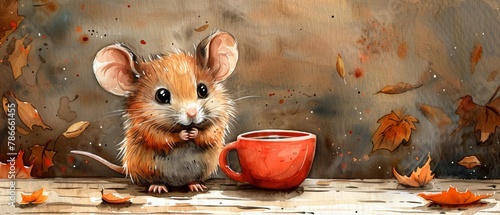 The cute little mouse has a cup of coffee, a watercolor illustration for children, a funny clipart that is great for print designs and cards.