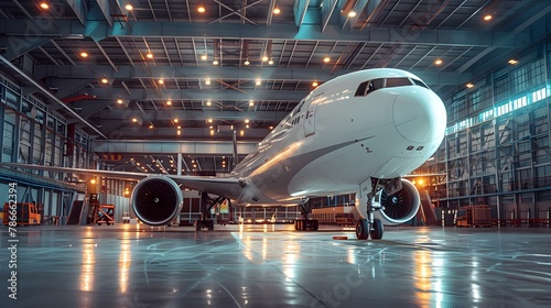 Large Commercial Passenger Jet Aircraft Undergoing Maintenance and Servicing in Expansive Aviation Hangar Facility