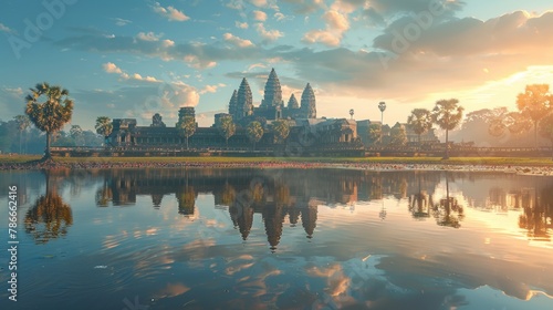 Sunrise over Angkor Wat with Reflections in Water, Siem Reap, Cambodia