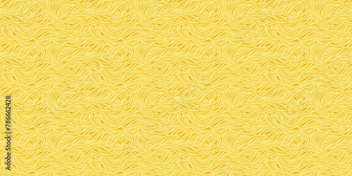 Yellow pasta background with ramen. Seamless pattern with spaghetti noodles. Wavy texture with noodles. Vector illustration.