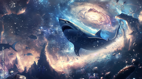 A shark soars at the edge of the universe painting