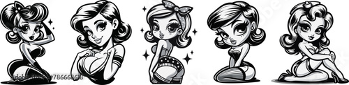 flirty small pin-up girls in various poses with big eyes, black pinup vector graphic shape, silhouette illustration