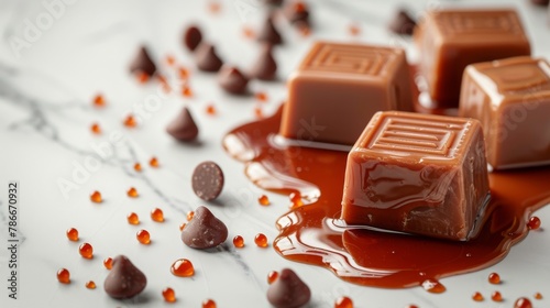 On a white background, caramel candies and sauce, with space for text