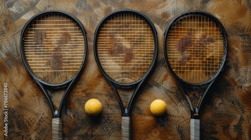 Tennis racquets and tennis balls on clay court