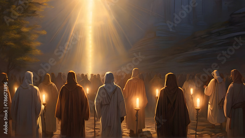 An image of believers on a pilgrimage, guided by a radiant light representing the spiritual journey towards Christ and divine enlightenment - AI