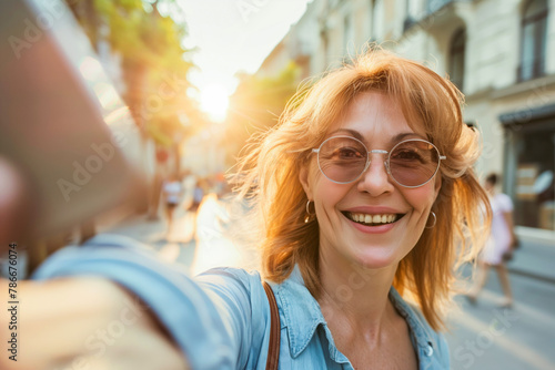 Beautiful middle aged woman smiling happy walking on city streets on sunny day and taking selfie photo using smartphone. Self portrait of attractive woman. Summer, vacation, holiday, solo travel