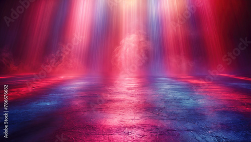 Mystical atmosphere with intense red and blue lights illuminating a textured floor with ethereal smoke rising. Dramatic and atmospheric scene that exudes otherworldly mood.
