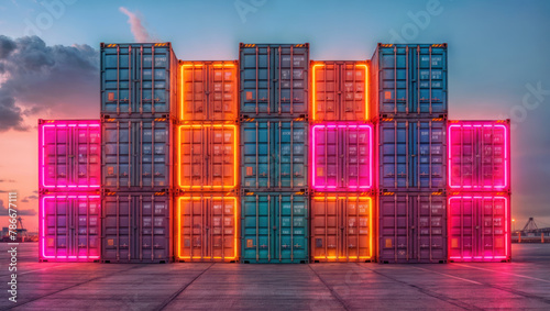 Neon lit shipping containers stacked at a port during dusk, showcasing the vibrant hues of sunset and the bustling activity of trade and logistics.
