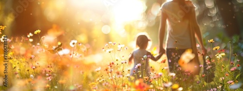 A woman and child walk hand in hand through a Bright field of colorful flowers, surrounded by the beauty of nature on a sunny day, Happy Mother`s Day