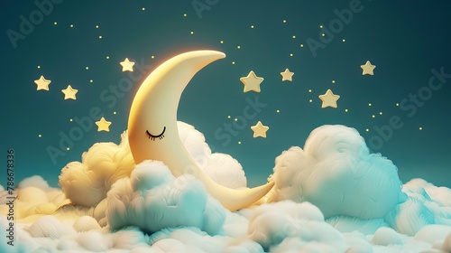  A 3D rendering of the moon surrounded by sleeping baby clouds, dreamy gold icons, and a lullaby for those experiencing insomnia. The scene depicts either a night sky or a sky illuminated by daylight