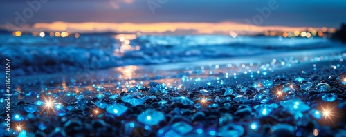 Bioluminescent tide on coastal rocks. Nighttime long exposure photography.