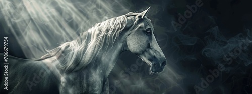 Stylized portrait of a horse enveloped in smoke, capturing a dramatic and mysterious aesthetic - Concept of artistic animal representation and moody imagery 
