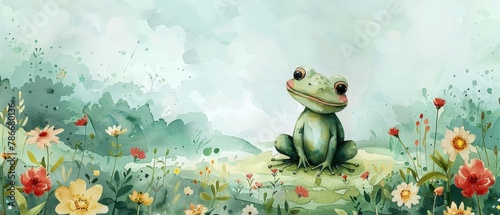 Animated cartoon frog in a garden with flowers and a cart, cartoon character suitable for cards and prints