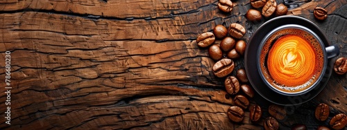 Cup of freshly brewed coffee with coffee beans on a rustic wooden table, evoking warmth and aroma. Concept of morning routine, comfort, and caffeine. 