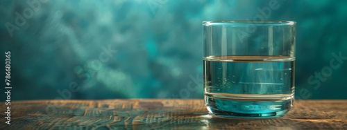 Glass of water on a wooden table with a serene and tranquil blue background, representing purity and hydration. Concept of health, simplicity, and refreshment. 