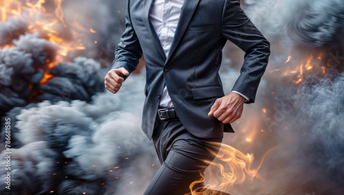 Intense scene a suited individual making a swift escape amidst a dangerous inferno and engulfing smoke, encapsulating urgency, risk and survival.