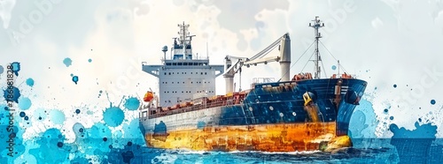 A shipping vessel illustrated in a watercolor style with splashes of blue, suggesting motion and creativity, set against a vibrant sky.