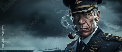 "Dramatic portrait of a seasoned sea captain with a pipe, sternly overlooking a stormy ocean, embodying leadership and experience."
