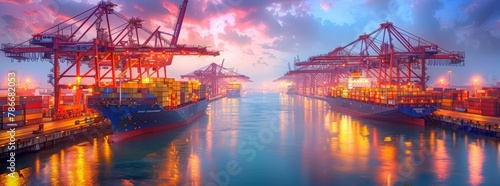 A large shipping port illuminated by the warm light of sunrise, with several cargo ships and cranes in the harbor, indicating a busy start to the day.