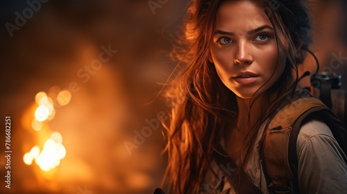 Long hair woman movie adventure, blockbuster style, cinematic. Portrait with flame, sparks, with a bonfire in the background. Advertising of the travel clothing brand, hiking equipment