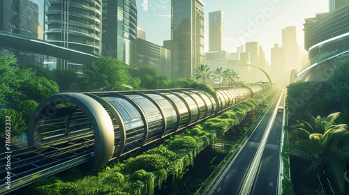 Solar-powered futuristic cityscape with monorail system amidst lush greenery and skyscrapers