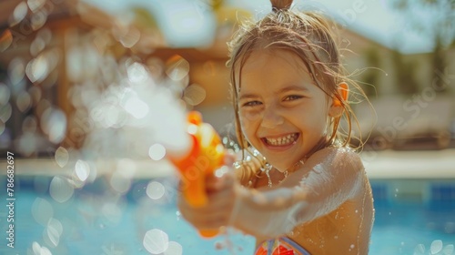 A young girl having fun with a water gun. Suitable for summer activities