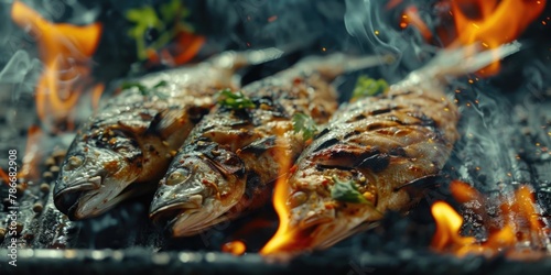 Fresh fish cooking on a grill, perfect for seafood lovers. Ideal for restaurant menus or food blogs